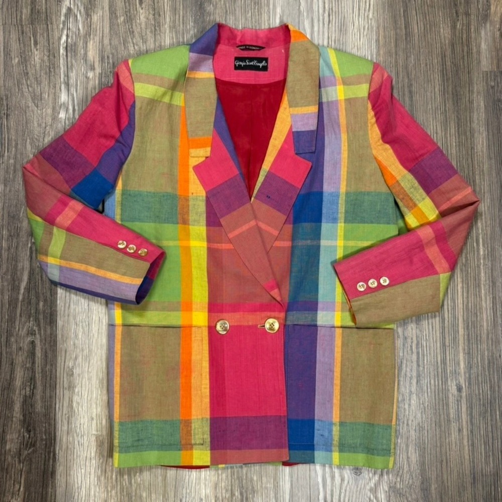 Giorgio Sant'Angelo Vintage Multicolor Plaid Double Breasted Blazer Jacket Sz 8